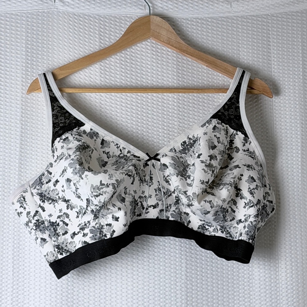 Cacique Wireless Bra Womens 46DDD White Black Floral Unlined Full Coverage Lace